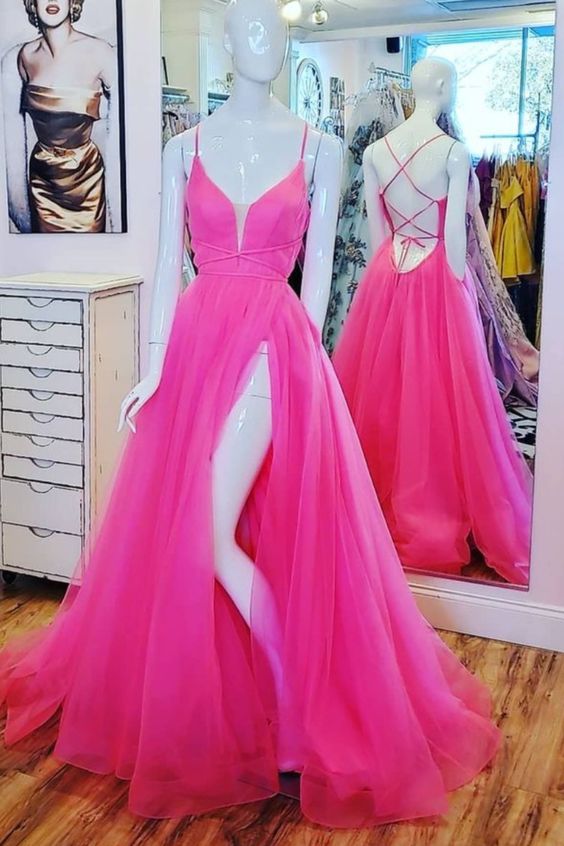 Sexy A-line Hot Pink Tulle Long Dress with Lace Up Back Long Prom Dress cg18887