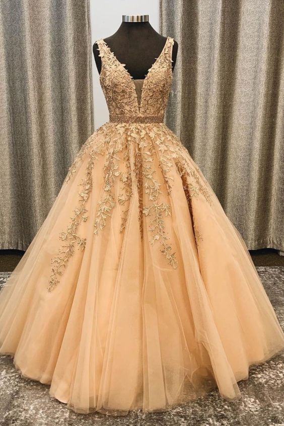 Classic A-line Gold Long Prom Dress Formal Dress with Lace Appliques and Beaded Bodice cg18891
