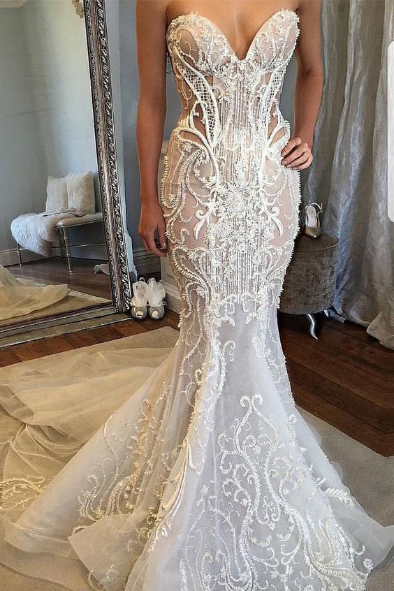 Mermaid Sweetheart Court Train Wedding Dress with Lace Beading prom dress evening dress cg18917