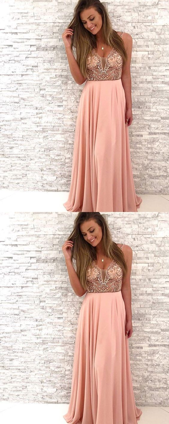 Gorgeous Beaded Pink Chiffon Long Prom Dress,V-Neck A Line Party Dress cg18918