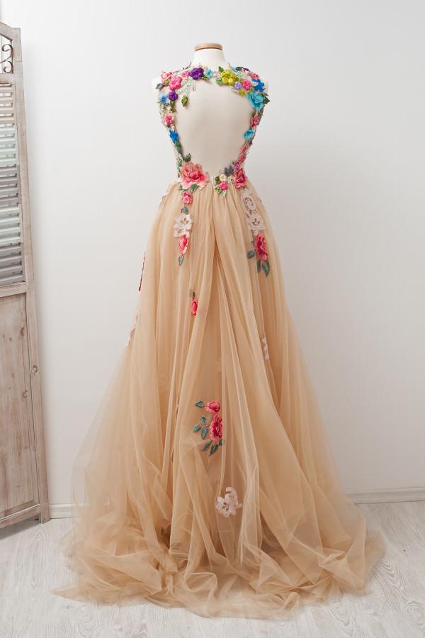 A-line Scoop Sleeveless Open Back Appliques Tulle Prom Dress with Hand-Made Flowers cg18923