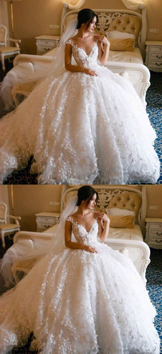Lace Straps Ball Gown V-neck Long Wedding prom Dresses Online, Cheap Bridal Dresses cg18925