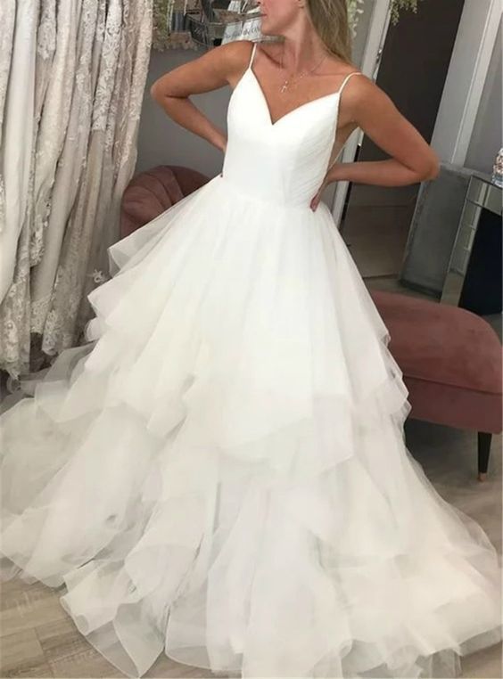 White Tulle Spagehtti Straps Backless Ruffles Prom Dress cg18939