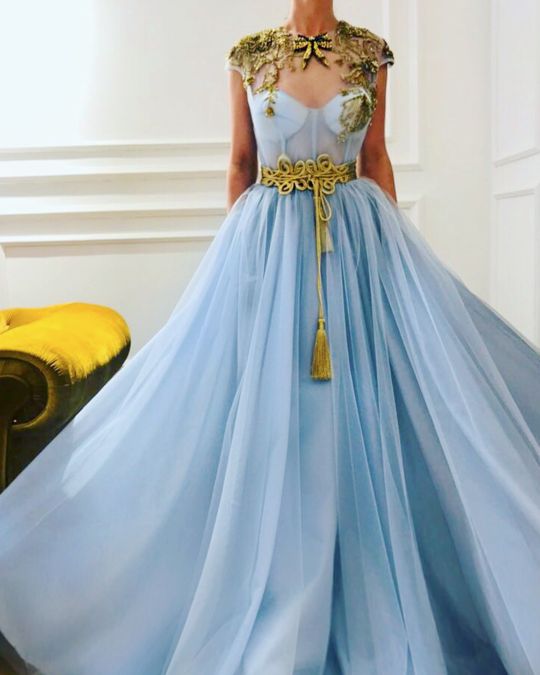 High Quality Charming O Neckline,Sexy Cap Sleeves ,A Line Prom Dress , Floor Length,Sexy Golden Applique Custom Made cg18948