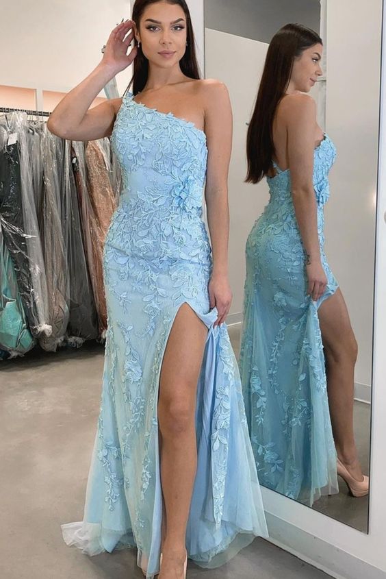 Elegant one shoulder blue lace tight long prom dress with side slit cg18964