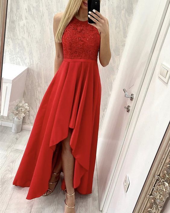 Red lace halter prom dresses asymmetrical gown for back to school prom    cg19021