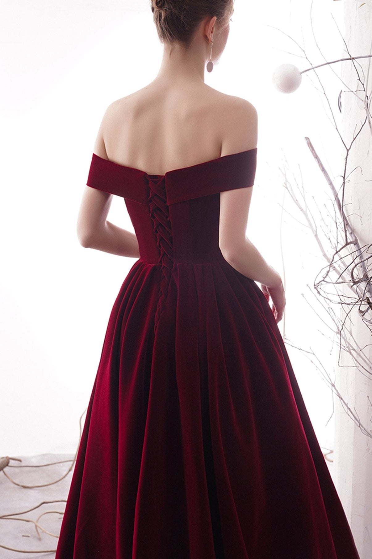 BURGUNDY A LINE VELVET PROM DRESS BURGUNDY EVENING DRESS cg19030