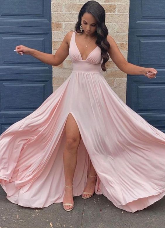 sexy pink high waist long maxi prom dress boho bridesmaid dress with side slit cg19034