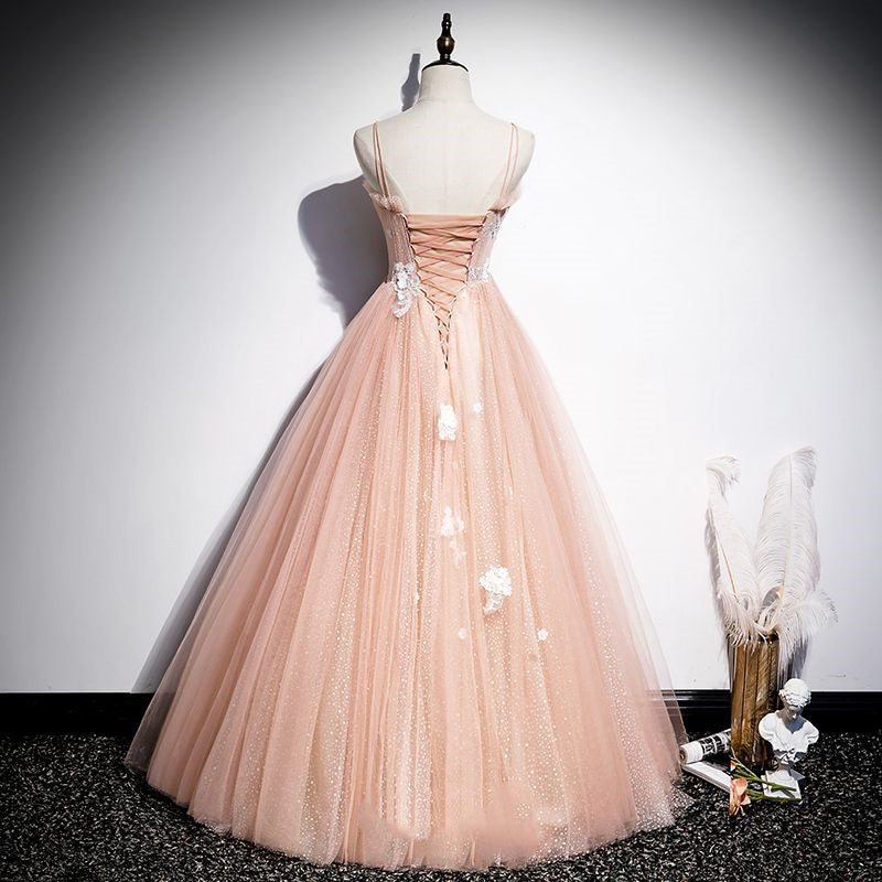 Peach Tulle Long Prom Dress with 3D Flowers cg19053