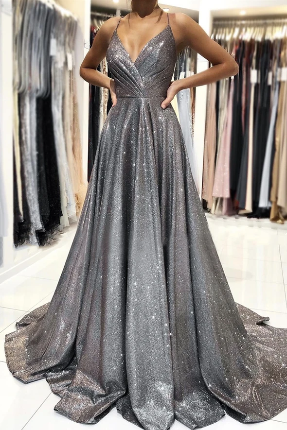 Grey v neck long prom dress simple A line evening dress cg19082