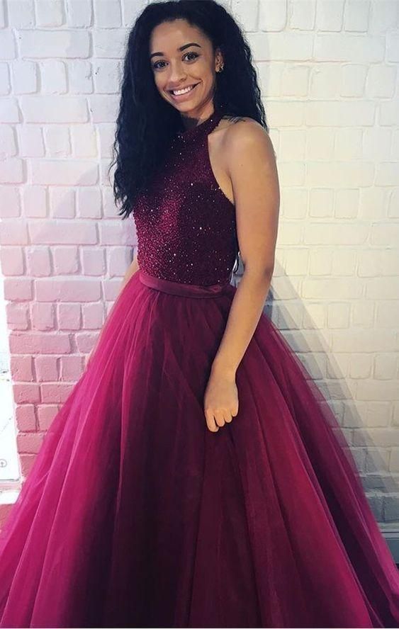 Charming Princess/A-Line Burgundy Tulle Beaded Prom Dresses cg19092