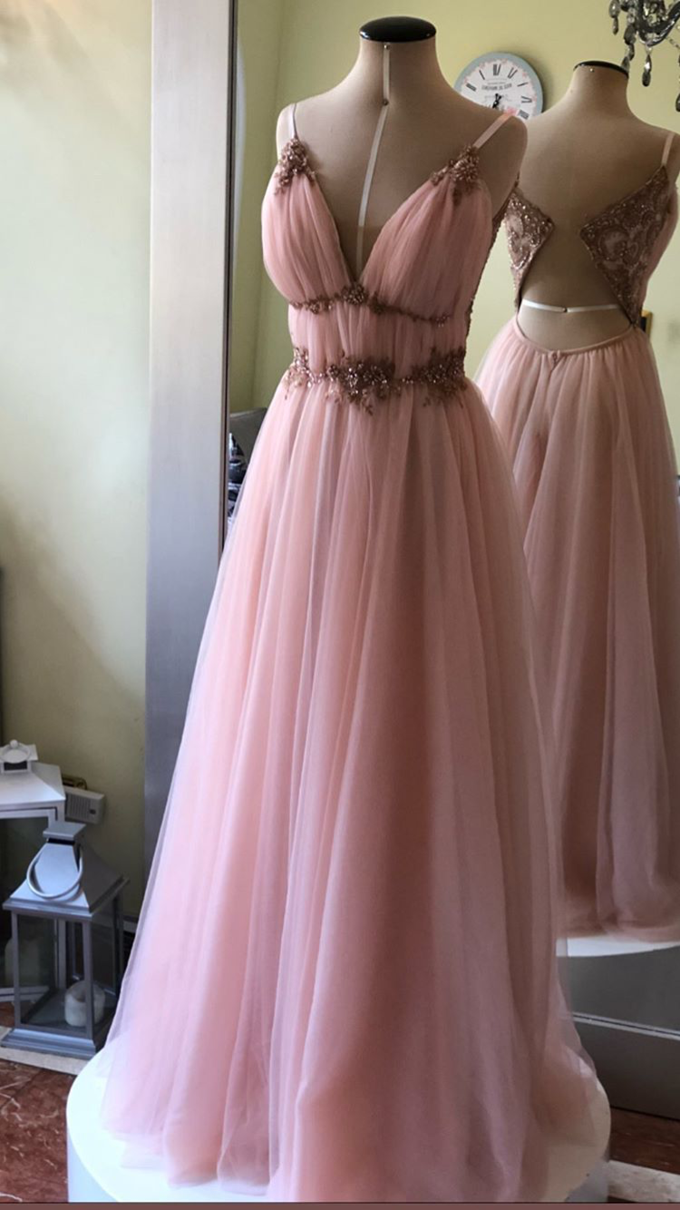 PINK TULLE BEADS LONG PROM DRESS A LINE EVENING DRESS cg19109