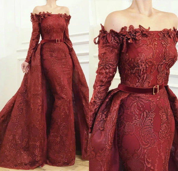 burgundy evening dresses with detachable train lace appliqued overskirt mermaid prom dress long sleeve arabic dubai formal gowns cg19128