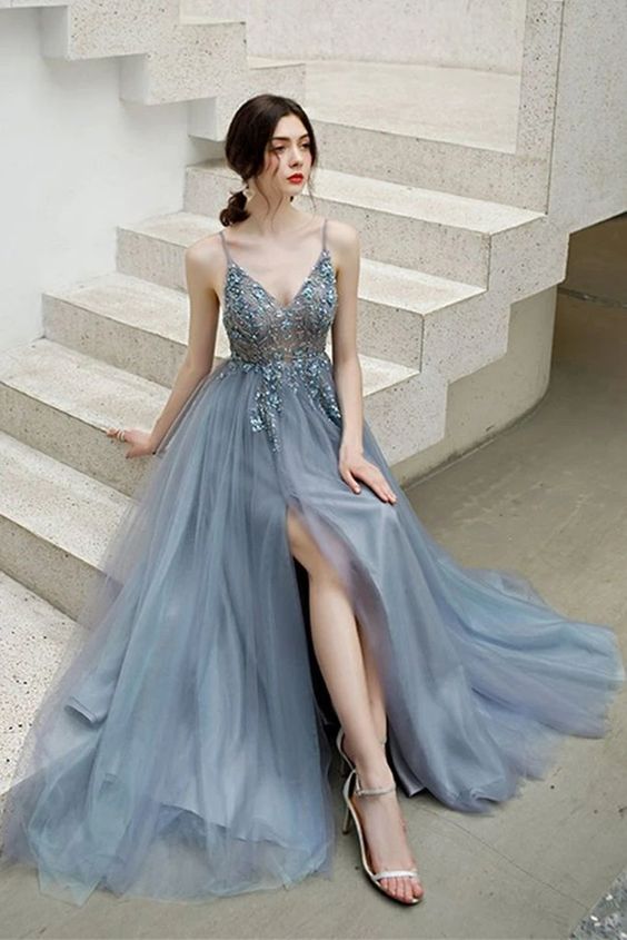 Charming Blue V-neckline Straps Beaded Top Long Party Dress, V Back Prom Dress Evening Dress cg19134