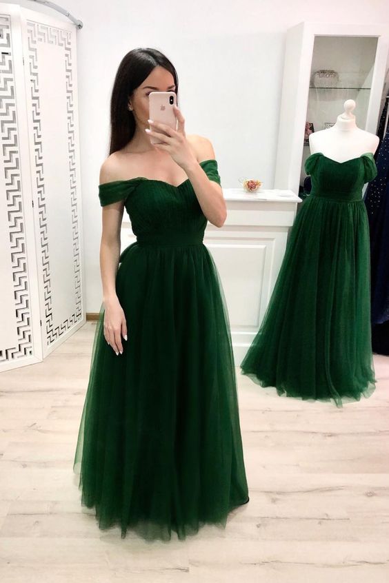 Off the Shoulder Hunter Green Tulle Bridesmaid Dresses prom dress cg19136