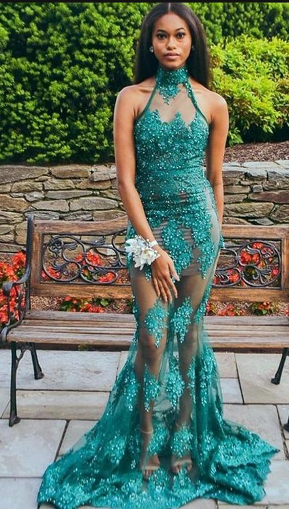 Charming High Neck Prom Dress, Elegant Appliques Mermaid Prom Dresses, Long Evening Dress cg19139