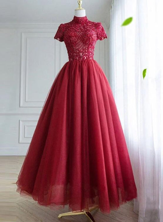 Dark Red Lace High Neckline Beaded Prom Dress, Tulle Evening Dress Formal Dress   cg19163