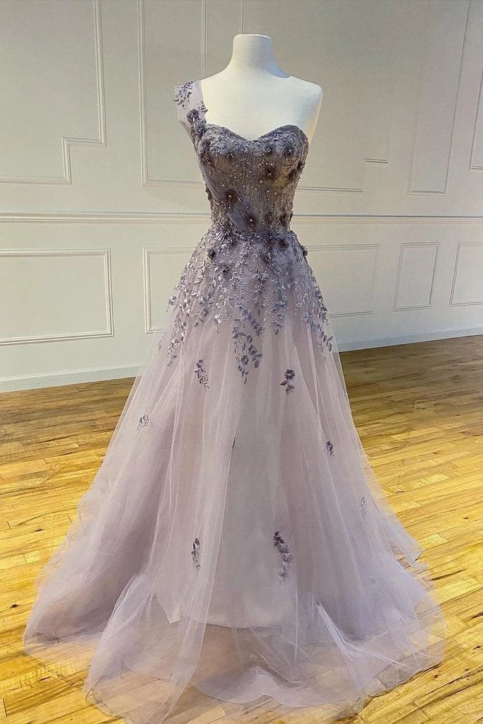 A-line One Shoulder Appliques Long Prom Dresses With Flowers Evening Dress cg19172