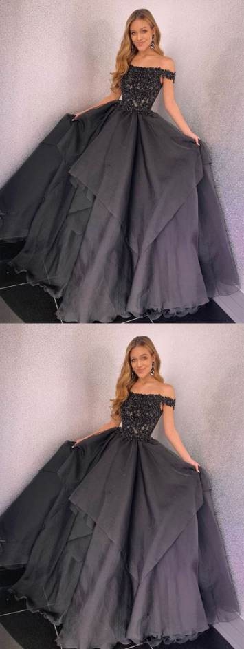 Gray black lace long prom dress. tulle evening dress cg19175