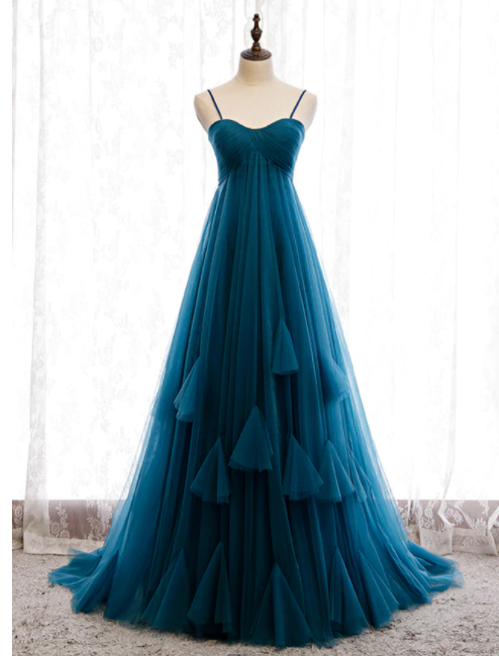 Blue Tulle Spagehtti Straps High Waist Pleats Prom Dress cg19219