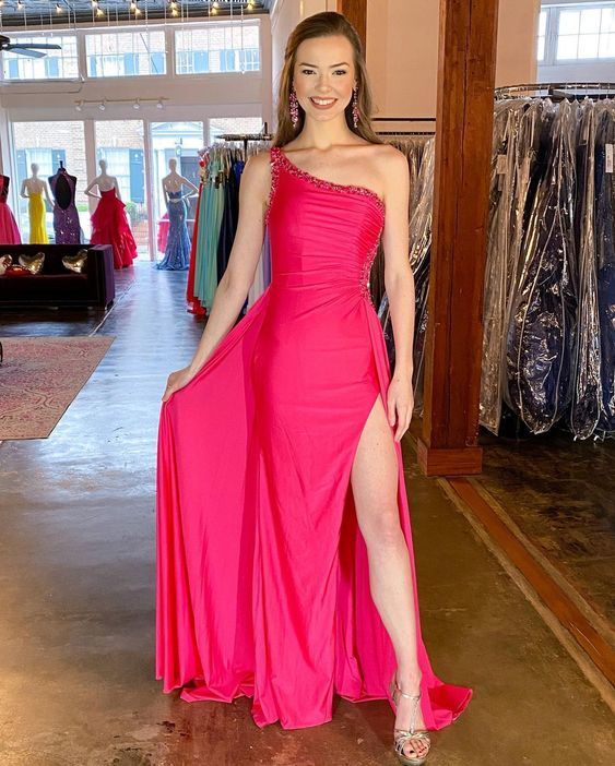 Sexy Sheath One Shoulder Split Fuchsia Elastic Satin Prom Dresses with Beading cg19240