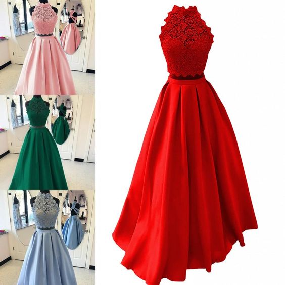 2021 Halter Lace Satin Prom Dresses Long Two Piece Sexy Halter Criss Cross Backless Draped A-line Graduation Sweet 15 Dress Cheap cg19244
