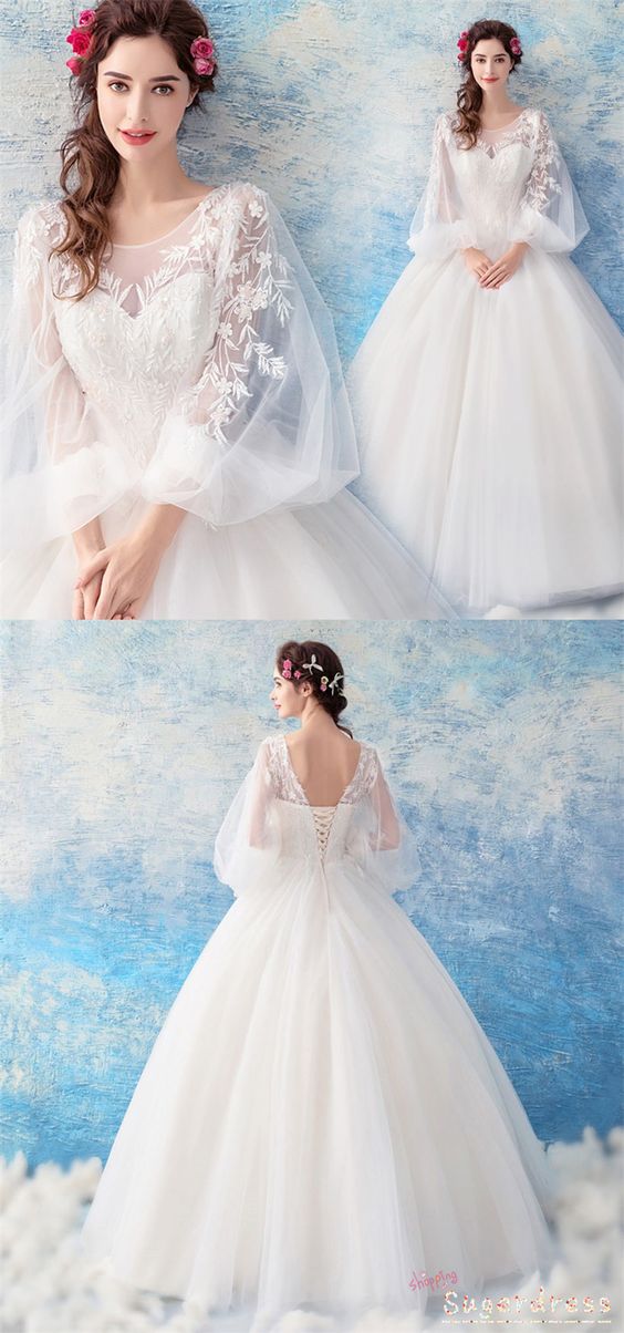 Lace-Up Balloon Sleeves Ball Gown Wedding Dress princess prom dress cg19273