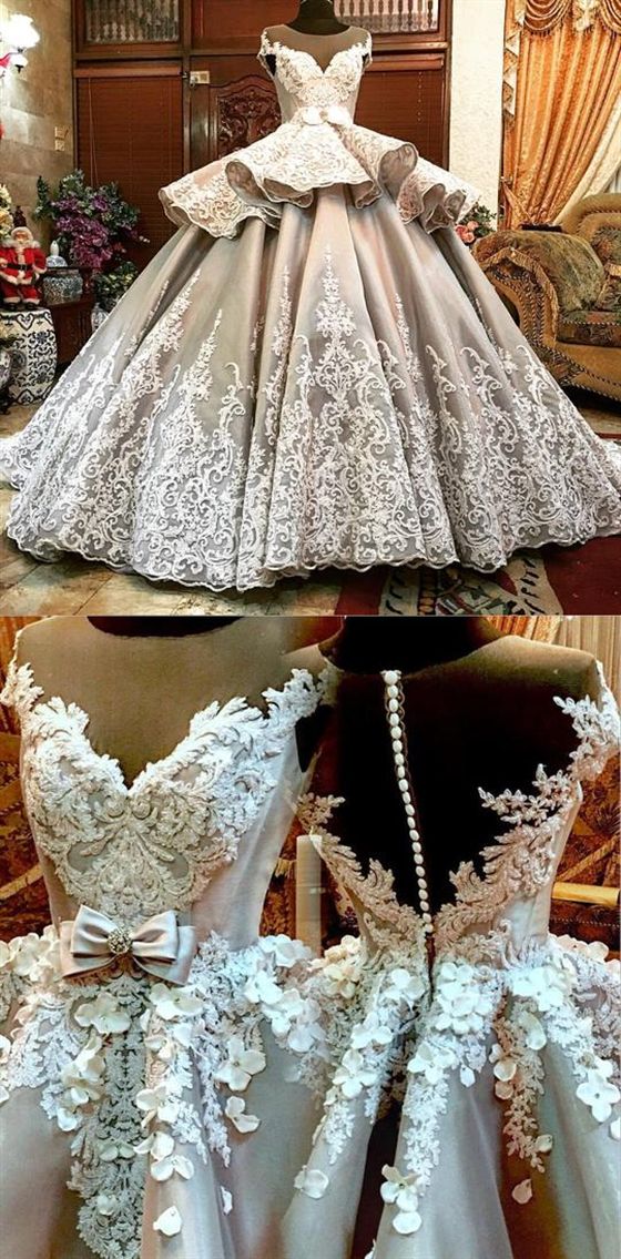 Luxury Scoop Neck Lace Appliques Wedding Prom Dresses Tiered A Line Bridal Gown    cg19303