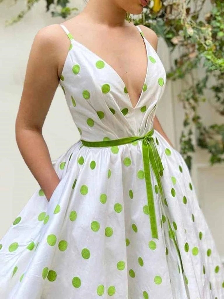 A Line V Neck Green Dot White Long Prom Dresses, Green Dot Long Formal Evening Dresses cg19314