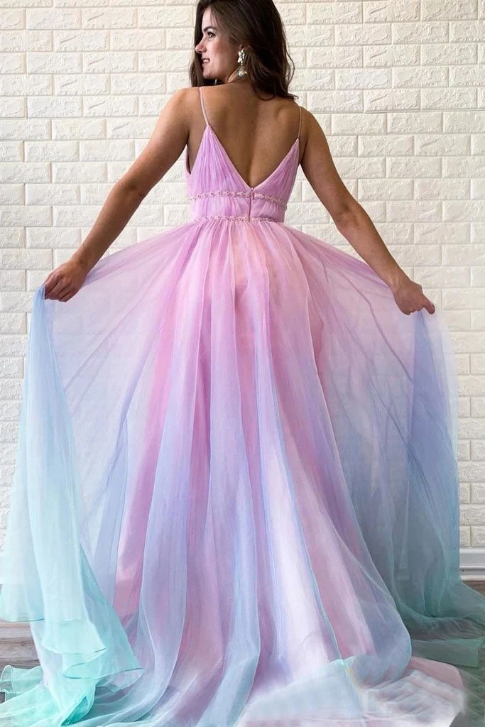 Ombre Spaghetti Straps Sleeveless A Line Prom Dress/ Custom Dresses cg19325
