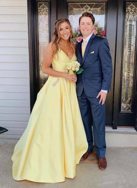 A-Line Satin Spaghetti Straps Long Yellow Prom Dress with Beading Pockets cg19326
