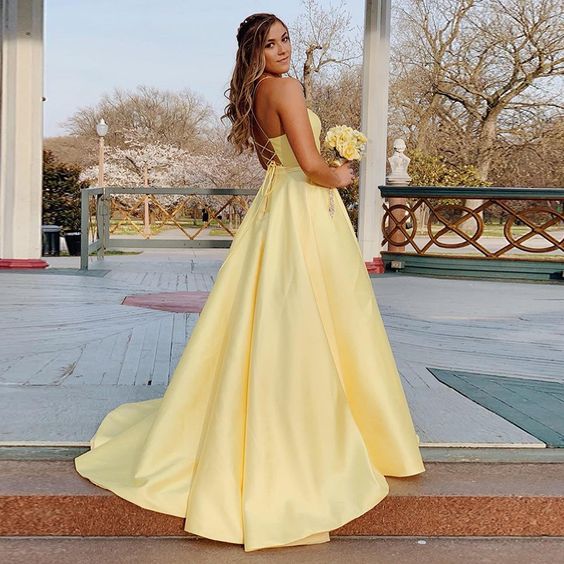 A-Line Satin Spaghetti Straps Long Yellow Prom Dress with Beading Pockets cg19326
