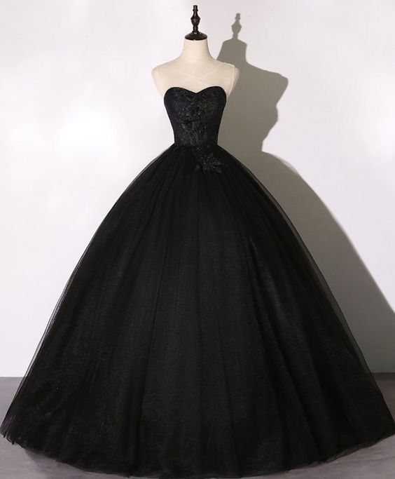 ELEGANT BLACK SWEETHEART NECK TULLE LONG PROM DRESS BLACK EVENING DRESS cg19347