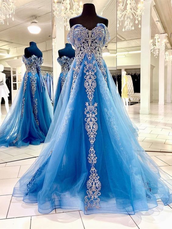 Unique Tulle Prom Dresses A-line Appliqued Evening Gowns cg19376