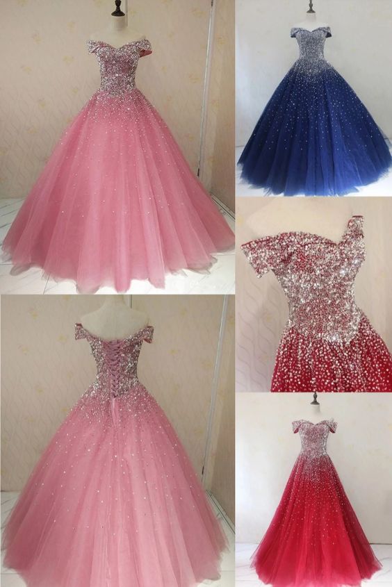 Ball Gown Off-the-shoulder Pink Sparkly Prom Dress Beaded Evening Dress cg19382