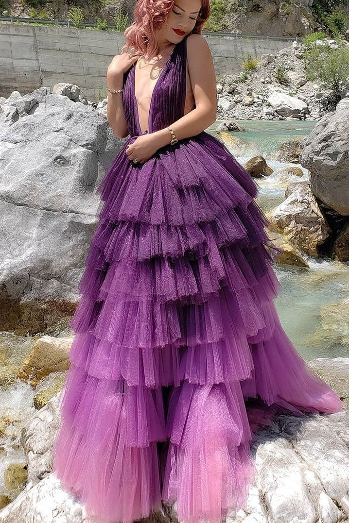 Purple Tiered Tulle Skirt Prom Dresses Deep V-neckline cg19385