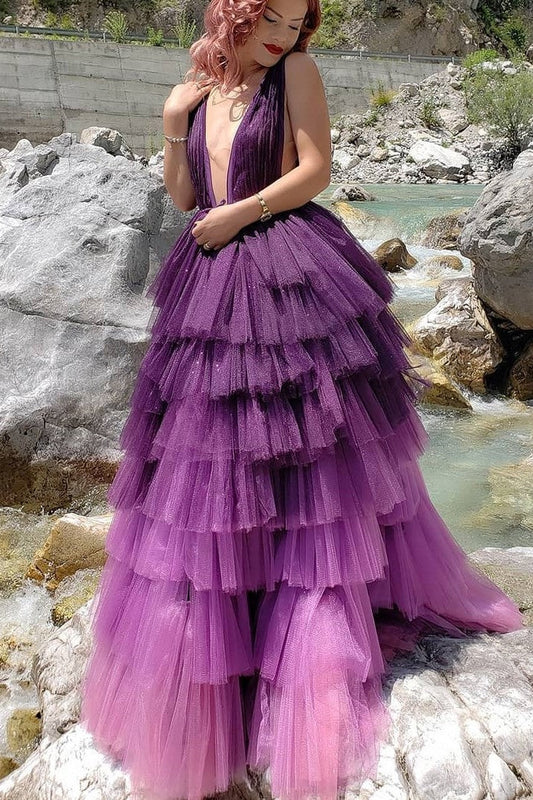 Purple Tiered Tulle Skirt Prom Dresses Deep V-neckline   cg19385