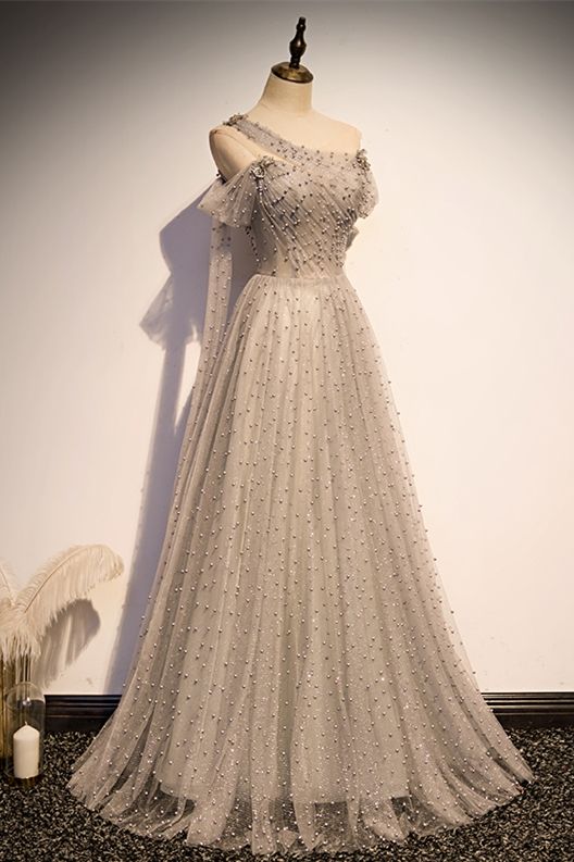 one shoulder grey tulle and pearls long formal prom dress graduaiton dress 2021 cg19393