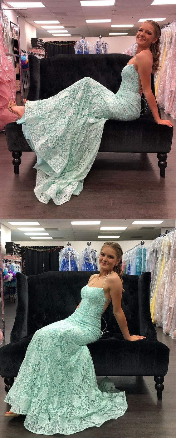 mermaid mint green lace long prom dress with lace up back cg19398