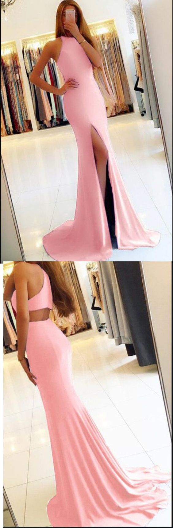 New Fitted Evening Dress Girls Pink Prom Ball Dress Formal Gown with Sexy Slit cg19399