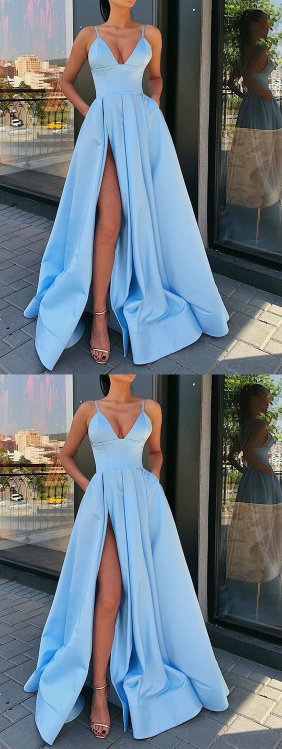 A Line V Neck Blue Long Prom Dress with Leg Slit, V Neck High Slit Formal Evening Dresses cg1943