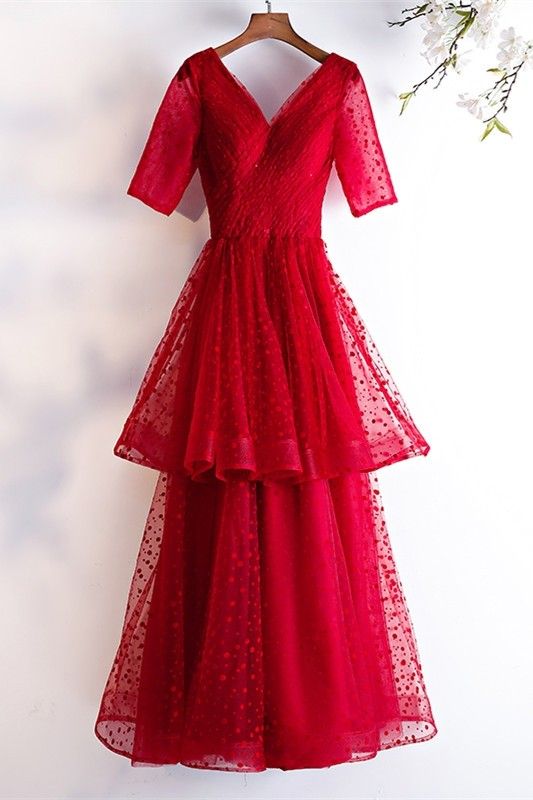 Romantic V Neck Half Sleeve Corset Tiered Dotted Red Tulle Prom Evening Dress cg19431
