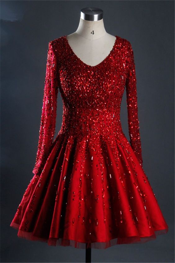 Gorgeous Ball Gown Short Red Satin Tulle Beaded Dress With Sleeves Homecoming Dresses cg19432