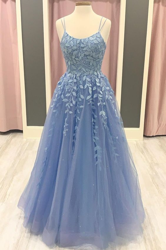 2021 A-line blue lace appliques prom dress cg19458