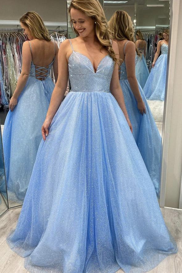 Blue tulle beads long prom dress evening dress cg19463
