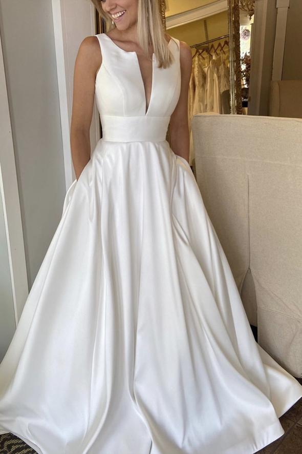 White satin long A line prom dress formal dress cg19466