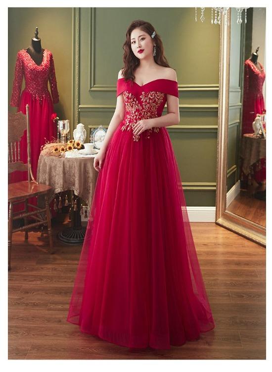 Red Plus Size Tulle Off Shoulder Long Evening Dress, Red A-Line Prom Dress Formal Dress cg19469