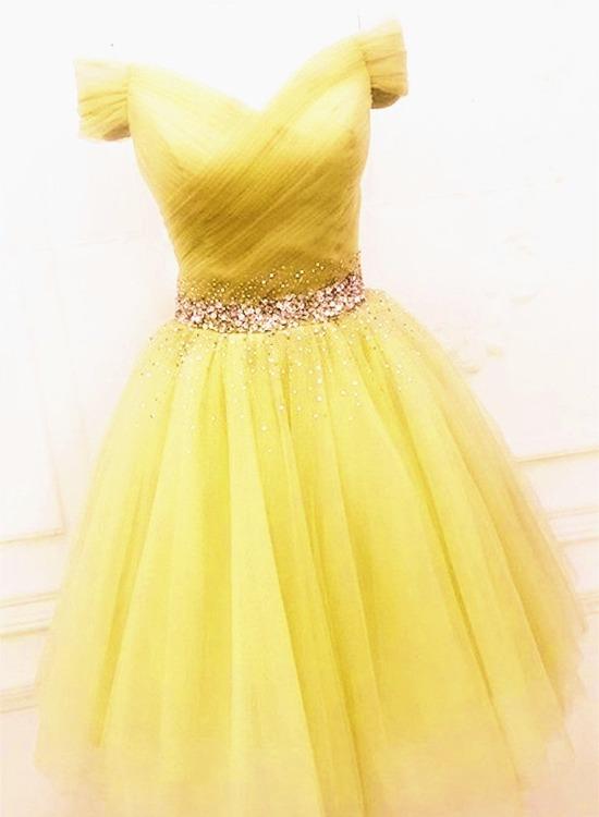 Lovely Light Yellow Short Tulle Off Shoulder Homecoming Dress cg19470