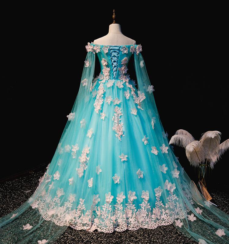 Mint Blue Tulle Embroidery Silk Flowers Quinceanera Dress, Blue Long Ball Gown Formal prom Dress cg19476