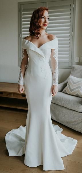 Off Shoulder Illusion Long Sleeve Beading Lace Satin Mermaid Prom Dresses cg19482